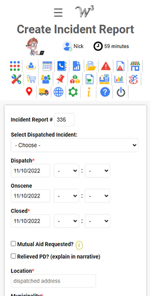 screenshot of w3 Cloud CRM Fire Police Reporting software Incident Create Page with integrated CAD